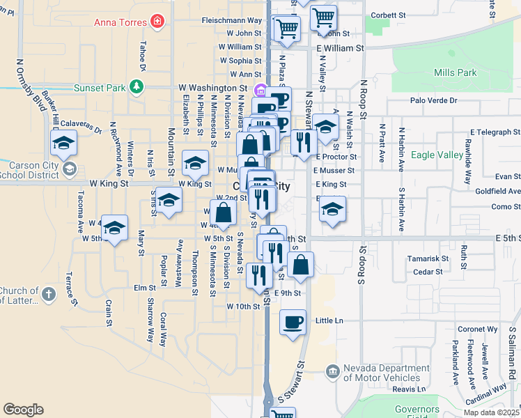 map of restaurants, bars, coffee shops, grocery stores, and more near 224 South Carson Street in Carson City