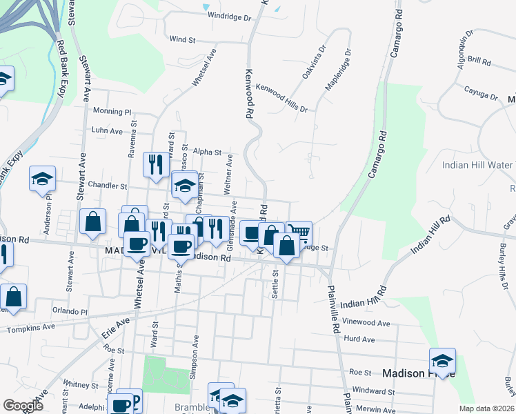 map of restaurants, bars, coffee shops, grocery stores, and more near in Cincinnati