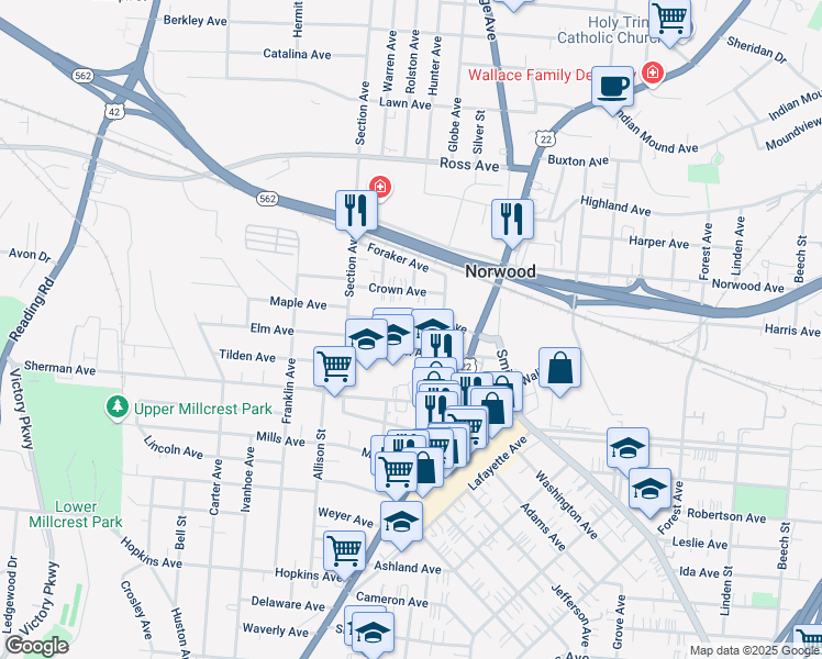 map of restaurants, bars, coffee shops, grocery stores, and more near 2061 Elm Avenue in Cincinnati