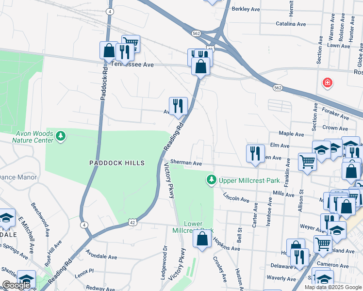 map of restaurants, bars, coffee shops, grocery stores, and more near 1521-1577 Sherman Avenue in Norwood