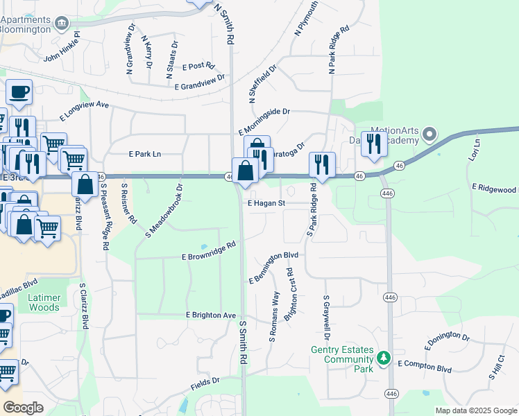 map of restaurants, bars, coffee shops, grocery stores, and more near 4011 East Stonegate Court in Bloomington