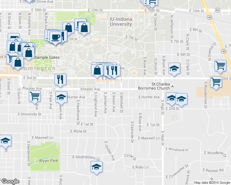 map of restaurants, bars, coffee shops, grocery stores, and more near 500 South Swain Avenue in Bloomington