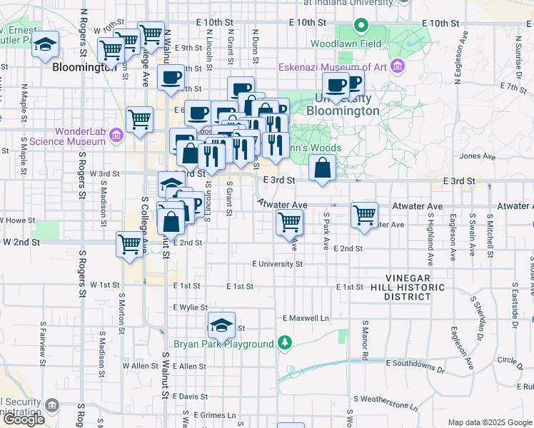 map of restaurants, bars, coffee shops, grocery stores, and more near 422 South Henderson Street in Bloomington