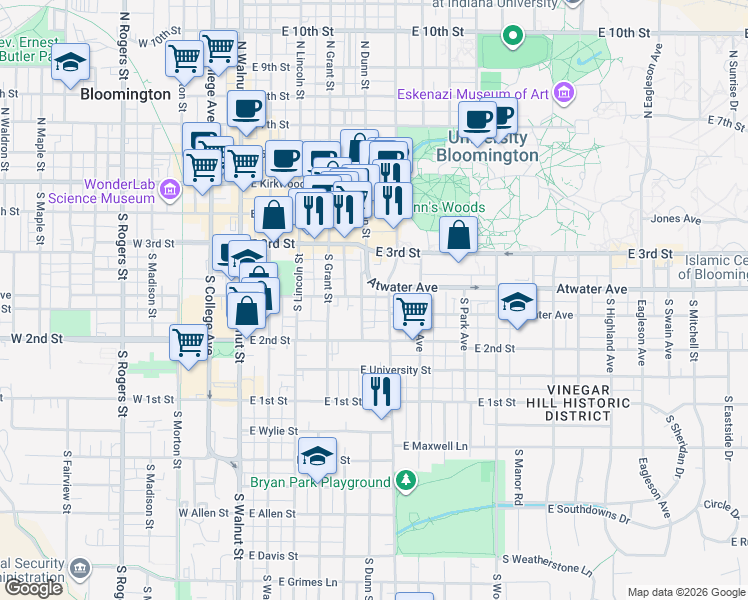 map of restaurants, bars, coffee shops, grocery stores, and more near 422 South Henderson Street in Bloomington