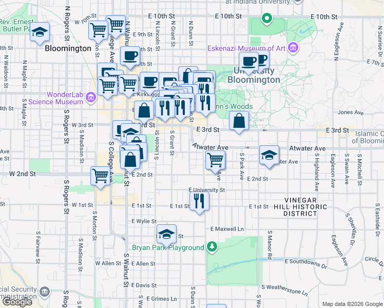 map of restaurants, bars, coffee shops, grocery stores, and more near 422 South Henderson Street in Bloomington