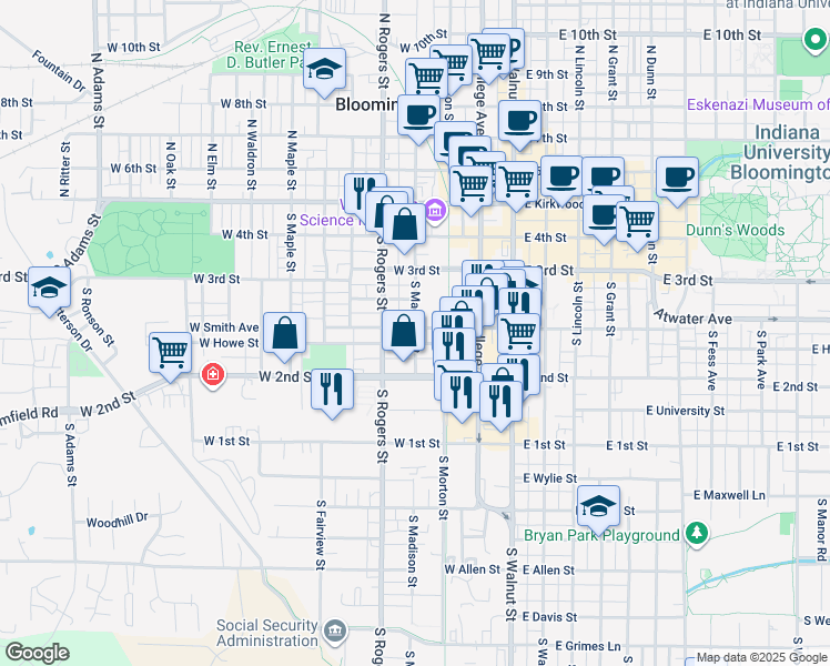 map of restaurants, bars, coffee shops, grocery stores, and more near 411 West Howe Street in Bloomington