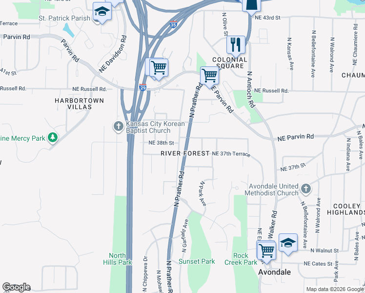 map of restaurants, bars, coffee shops, grocery stores, and more near 3722 North Garfield Avenue in Kansas City