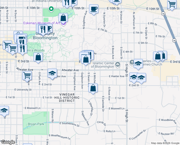 map of restaurants, bars, coffee shops, grocery stores, and more near 409 South Swain Avenue in Bloomington