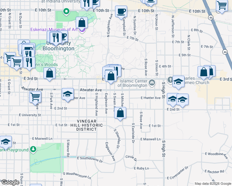 map of restaurants, bars, coffee shops, grocery stores, and more near 500 South Swain Avenue in Bloomington