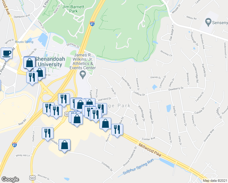 map of restaurants, bars, coffee shops, grocery stores, and more near 201 Yale Drive in Winchester
