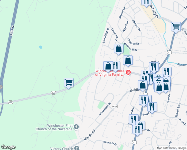 map of restaurants, bars, coffee shops, grocery stores, and more near 949 Cedar Creek Grade in Winchester