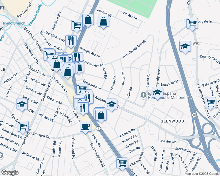 map of restaurants, bars, coffee shops, grocery stores, and more near 102 Kuethe Road in Glen Burnie