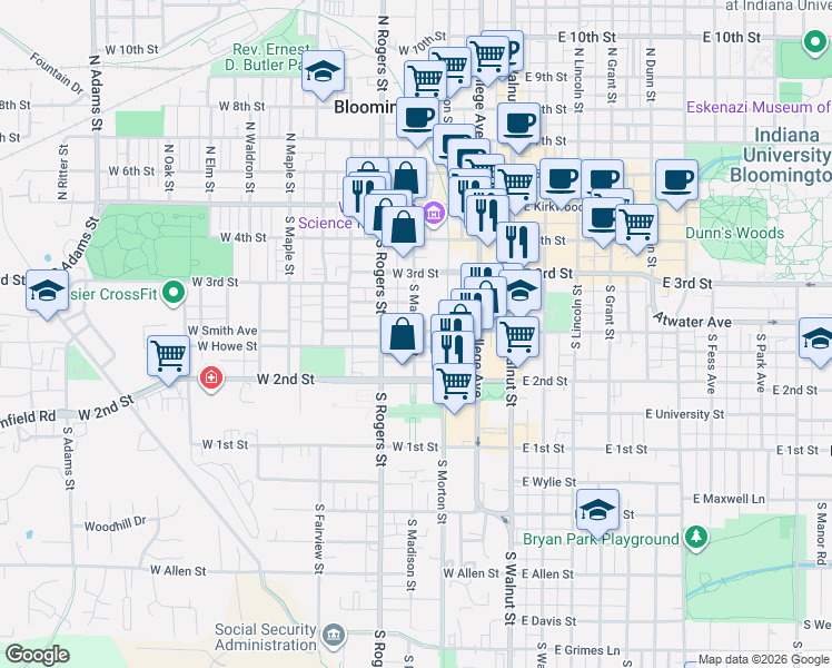 map of restaurants, bars, coffee shops, grocery stores, and more near 421 South Madison Street in Bloomington