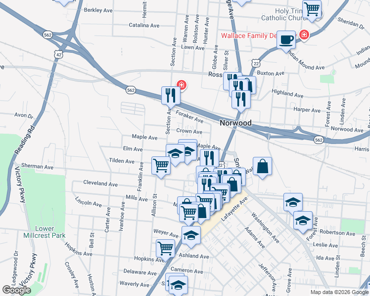map of restaurants, bars, coffee shops, grocery stores, and more near 2025 Crown Avenue in Norwood