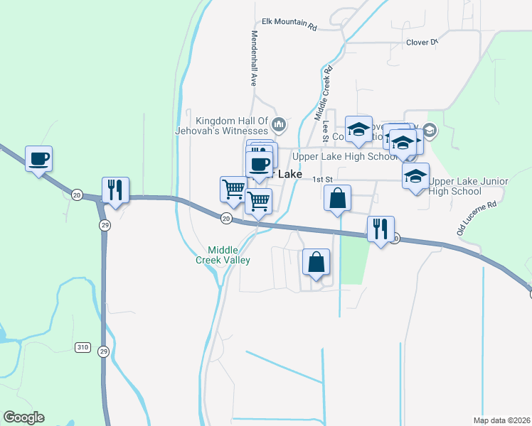 map of restaurants, bars, coffee shops, grocery stores, and more near 9390 Main Street in Upper Lake