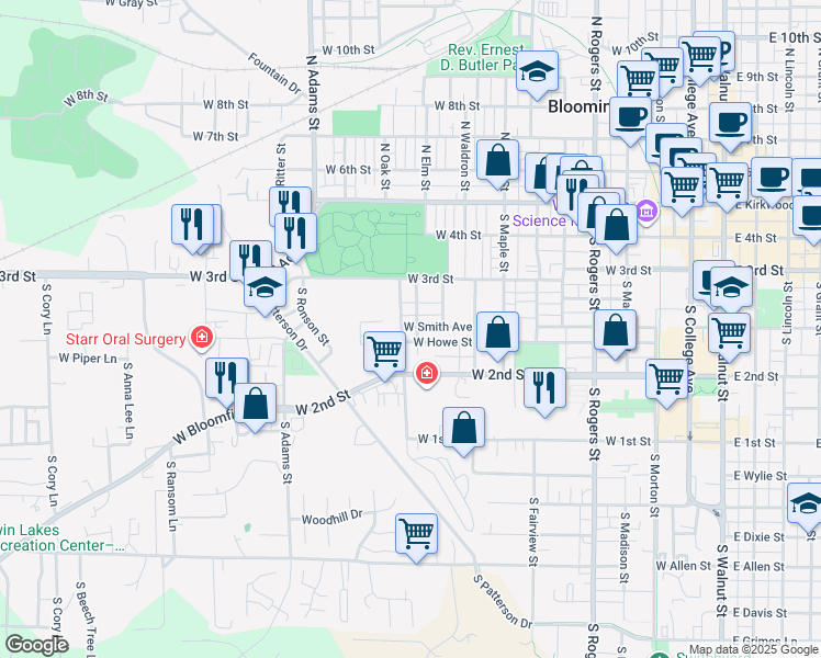map of restaurants, bars, coffee shops, grocery stores, and more near 329 South Davisson Street in Bloomington
