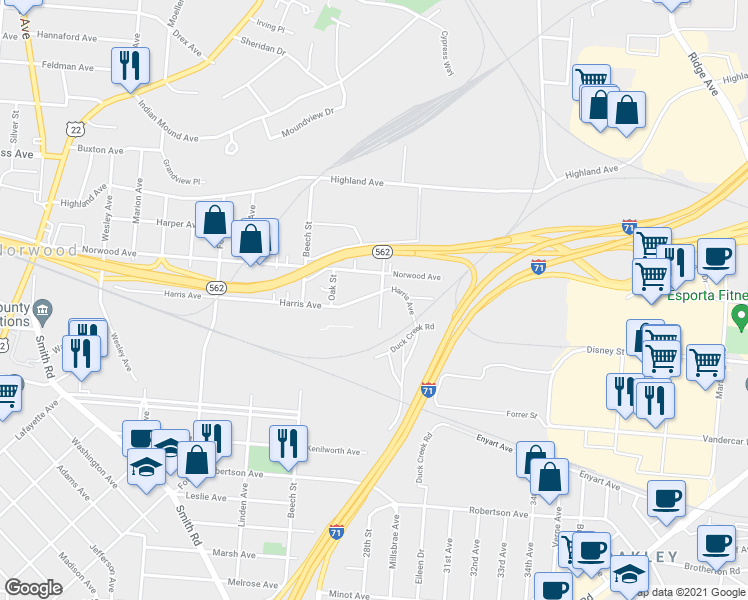 map of restaurants, bars, coffee shops, grocery stores, and more near 2765 Norwood Avenue in Cincinnati