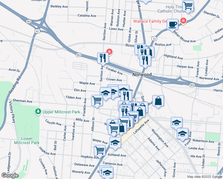 map of restaurants, bars, coffee shops, grocery stores, and more near 2025 Crown Avenue in Norwood