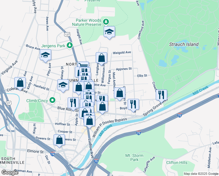map of restaurants, bars, coffee shops, grocery stores, and more near 4207 Mad Anthony Street in Cincinnati