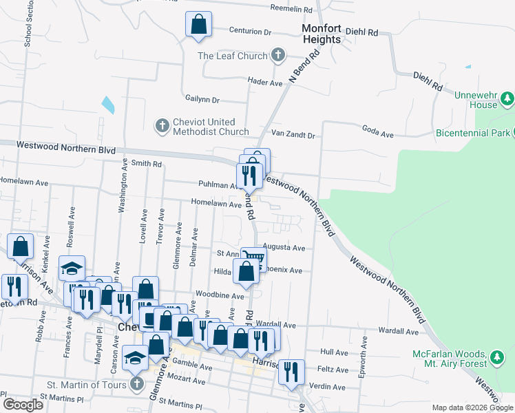 map of restaurants, bars, coffee shops, grocery stores, and more near 4078 North Bend Road in Cincinnati