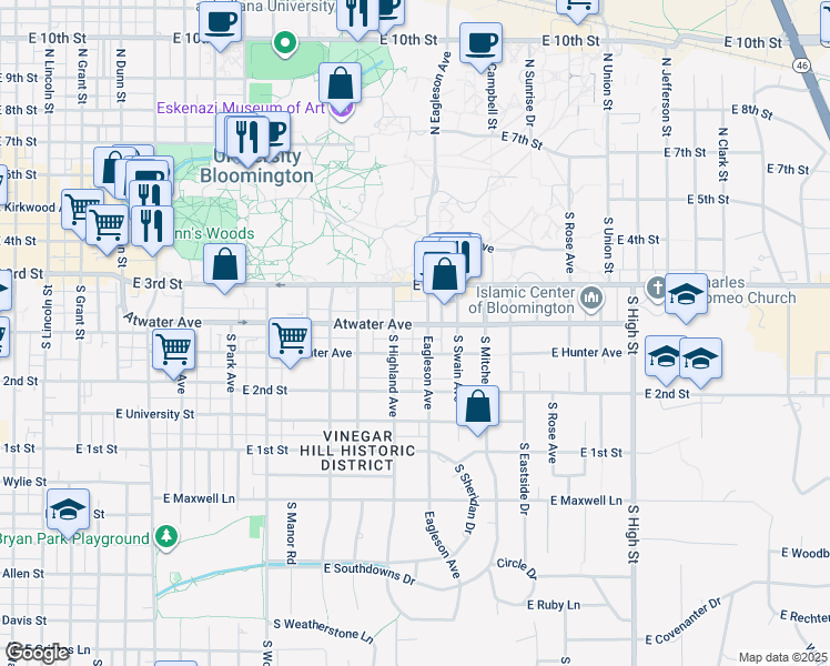 map of restaurants, bars, coffee shops, grocery stores, and more near 322 1/2 South Jordan Avenue in Bloomington