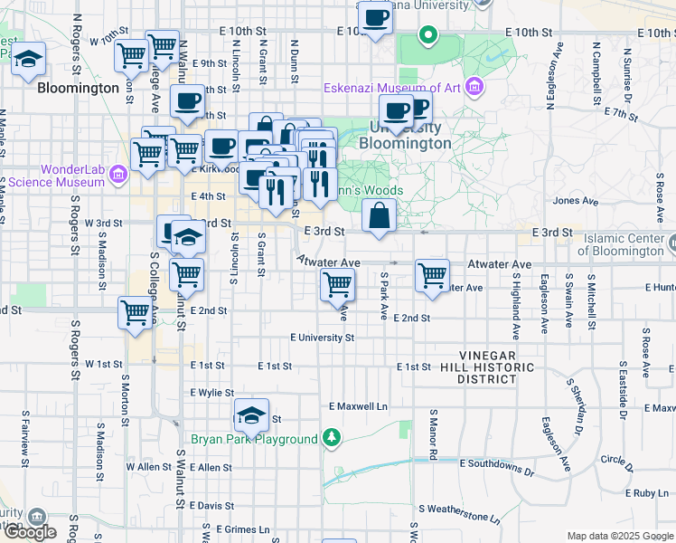 map of restaurants, bars, coffee shops, grocery stores, and more near 630 East 3rd Street in Bloomington