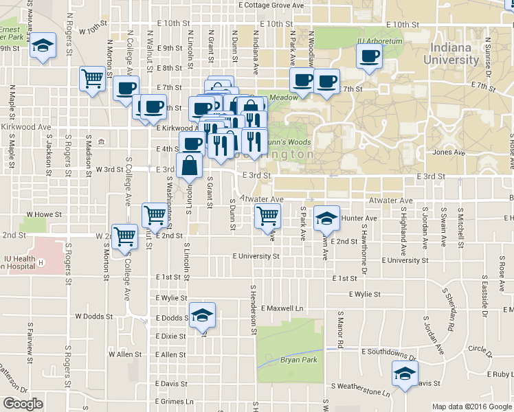 map of restaurants, bars, coffee shops, grocery stores, and more near 324 South Henderson Street in Bloomington