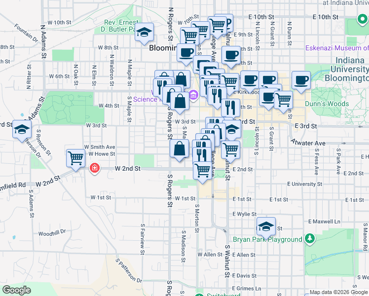 map of restaurants, bars, coffee shops, grocery stores, and more near 417 West Prospect Street in Bloomington