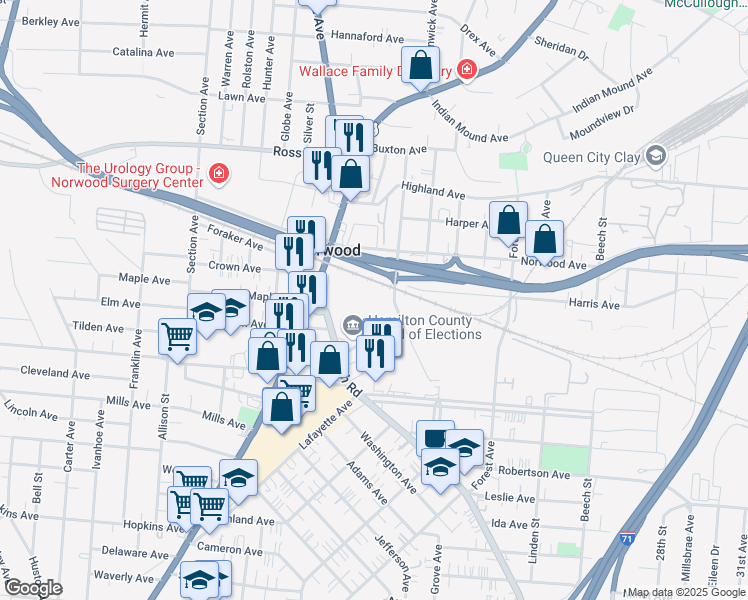 map of restaurants, bars, coffee shops, grocery stores, and more near 2300 Wall Street in Cincinnati