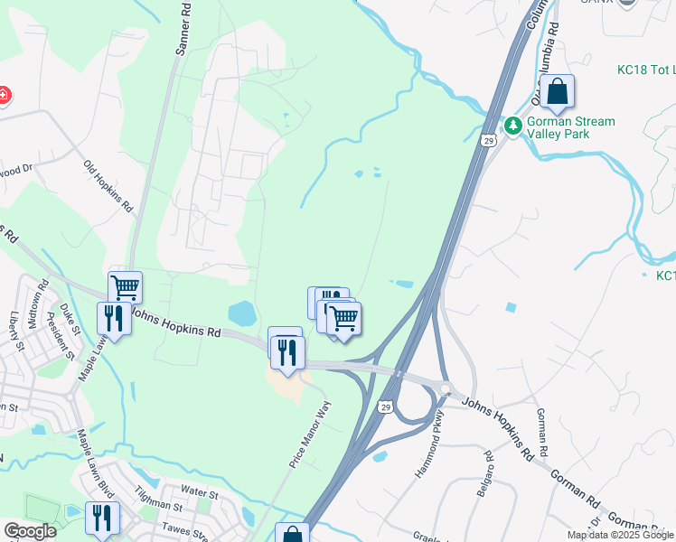 map of restaurants, bars, coffee shops, grocery stores, and more near 7651 Montpelier Road in Laurel