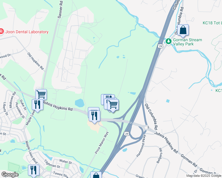 map of restaurants, bars, coffee shops, grocery stores, and more near 7651 Montpelier Road in Laurel