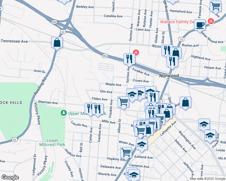 map of restaurants, bars, coffee shops, grocery stores, and more near 1941 Maple Avenue in Cincinnati