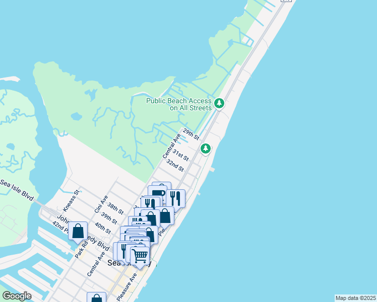 map of restaurants, bars, coffee shops, grocery stores, and more near 118 30th Street in Sea Isle City