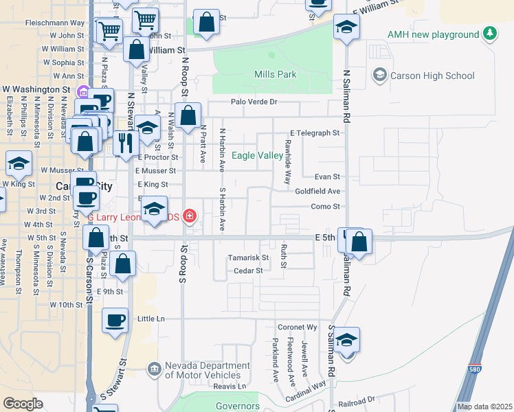 map of restaurants, bars, coffee shops, grocery stores, and more near 219 Allouette Way in Carson City