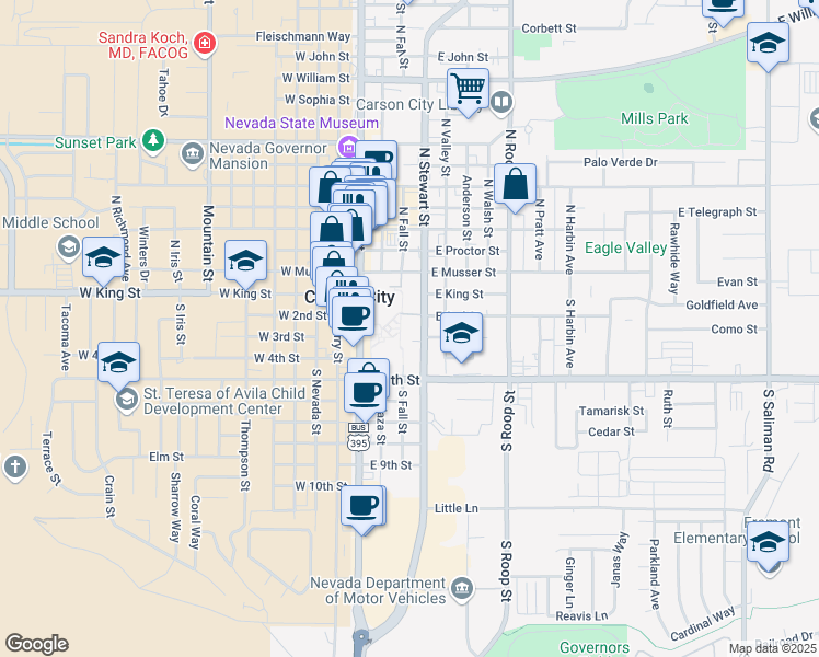 map of restaurants, bars, coffee shops, grocery stores, and more near 201 South Carson Street in Carson City