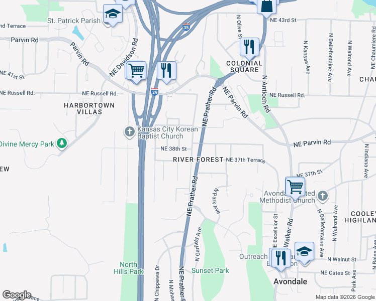 map of restaurants, bars, coffee shops, grocery stores, and more near 3814 North Garfield Avenue in Kansas City