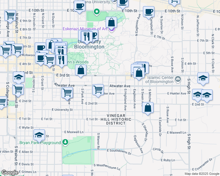 map of restaurants, bars, coffee shops, grocery stores, and more near 1103 Atwater Avenue in Bloomington