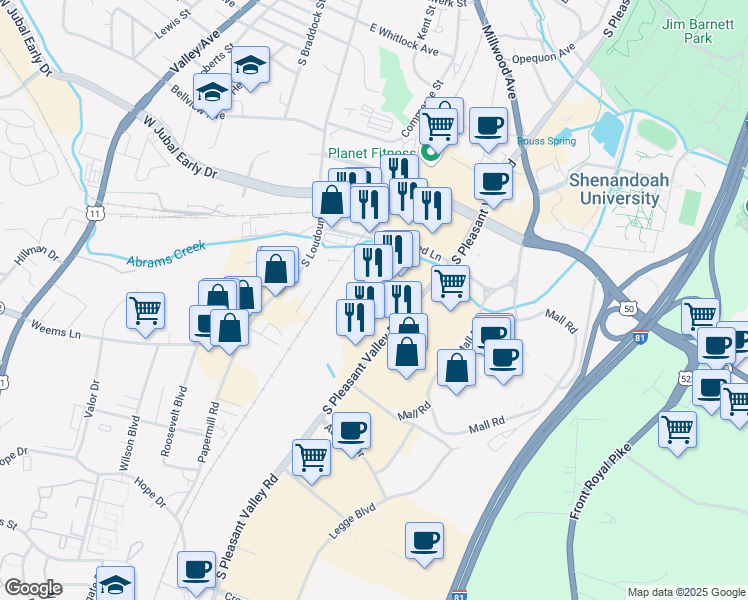 map of restaurants, bars, coffee shops, grocery stores, and more near 2047 South Pleasant Valley Road in Winchester