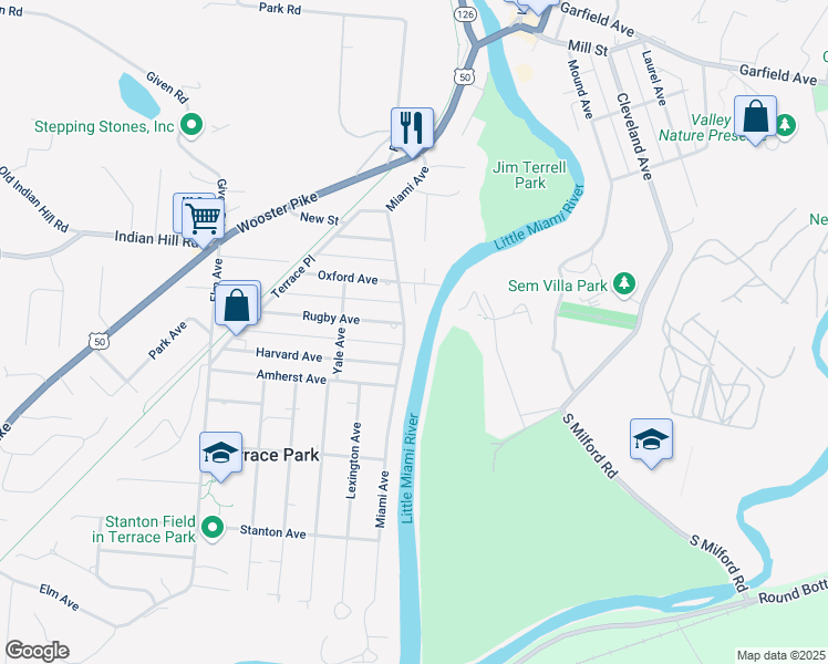map of restaurants, bars, coffee shops, grocery stores, and more near 315 Miami Avenue in Terrace Park