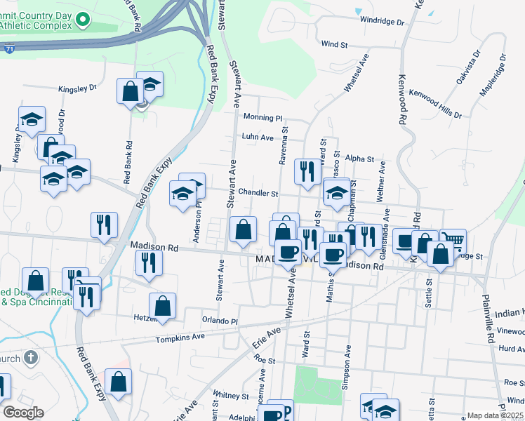 map of restaurants, bars, coffee shops, grocery stores, and more near 5715 Chandler Street in Cincinnati