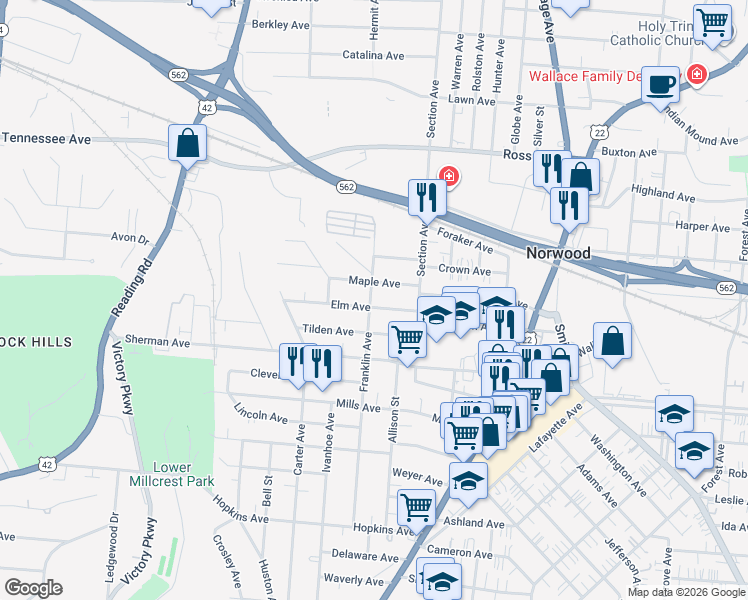 map of restaurants, bars, coffee shops, grocery stores, and more near 1941 Maple Avenue in Cincinnati