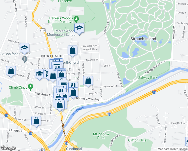 map of restaurants, bars, coffee shops, grocery stores, and more near 1326 Chase Avenue in Cincinnati