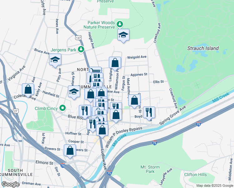 map of restaurants, bars, coffee shops, grocery stores, and more near 4210 Williamson Place in Cincinnati