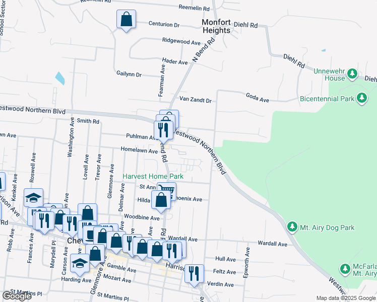 map of restaurants, bars, coffee shops, grocery stores, and more near 3306 Alpine Place in Cincinnati