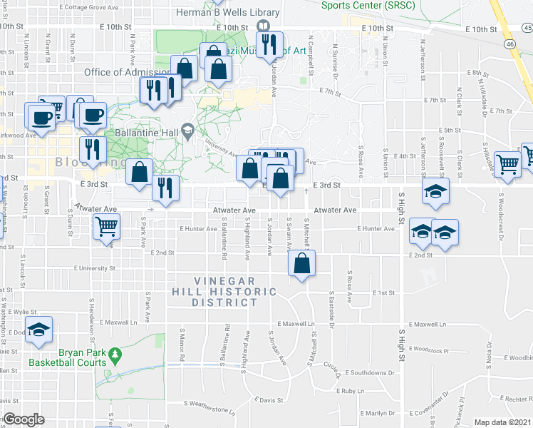 map of restaurants, bars, coffee shops, grocery stores, and more near 322 1/2 South Jordan Avenue in Bloomington