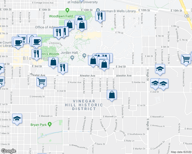 map of restaurants, bars, coffee shops, grocery stores, and more near 322 1/2 South Jordan Avenue in Bloomington