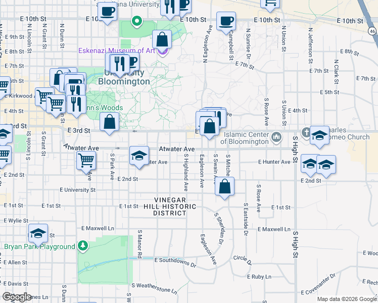 map of restaurants, bars, coffee shops, grocery stores, and more near 322 1/2 South Jordan Avenue in Bloomington