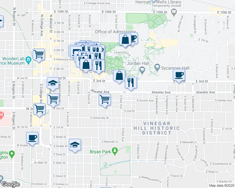 map of restaurants, bars, coffee shops, grocery stores, and more near 727 Atwater Avenue in Bloomington
