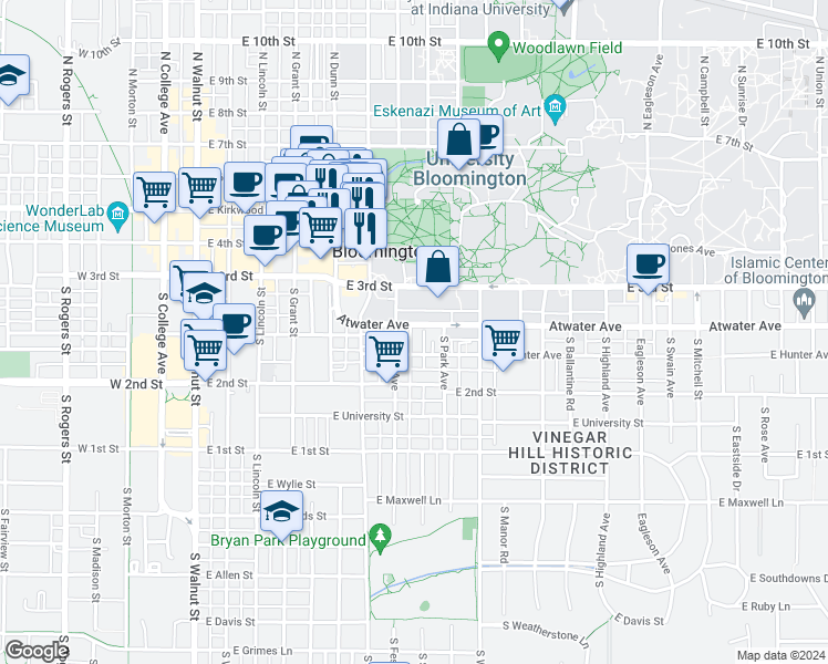 map of restaurants, bars, coffee shops, grocery stores, and more near 727 Atwater Avenue in Bloomington