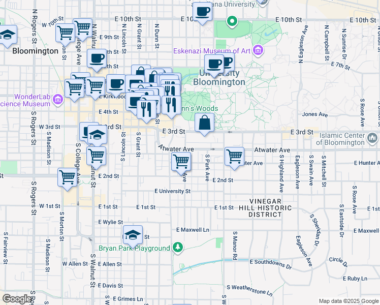 map of restaurants, bars, coffee shops, grocery stores, and more near 630 East 3rd Street in Bloomington